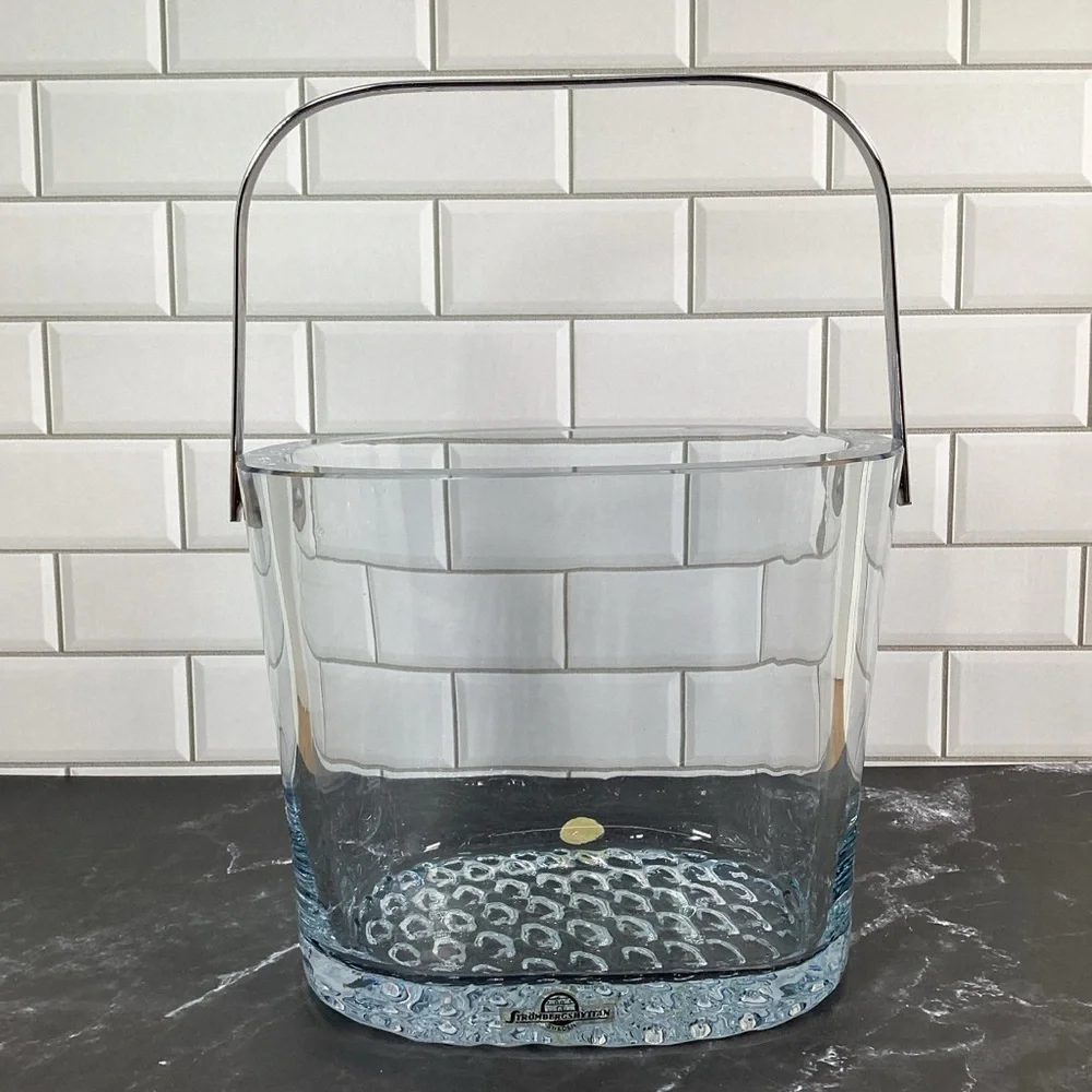 Signed Vintage Swedish Strombergshyttan Thick Glass Ice Bucket Chrome Handle 6